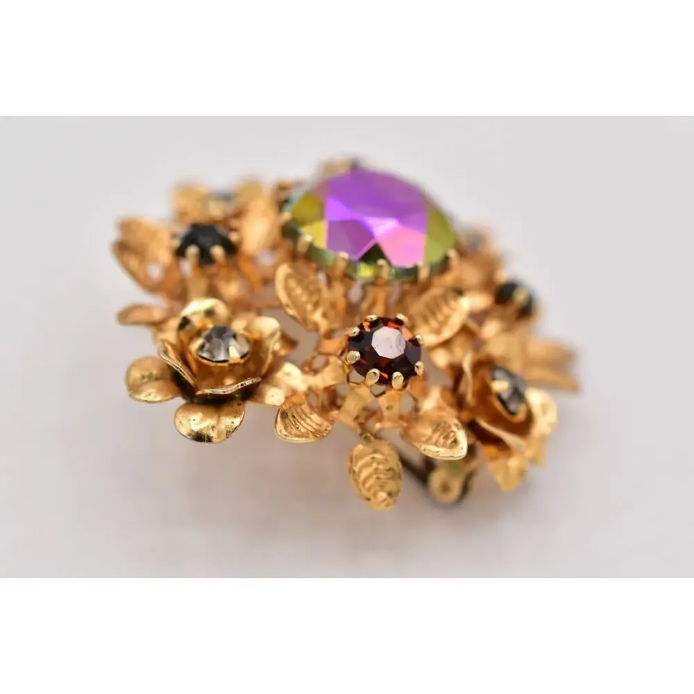 Vintage Austrian Crystal Pin Brooch Flower Gold Tone Aurora Borealis 1960s BinBI